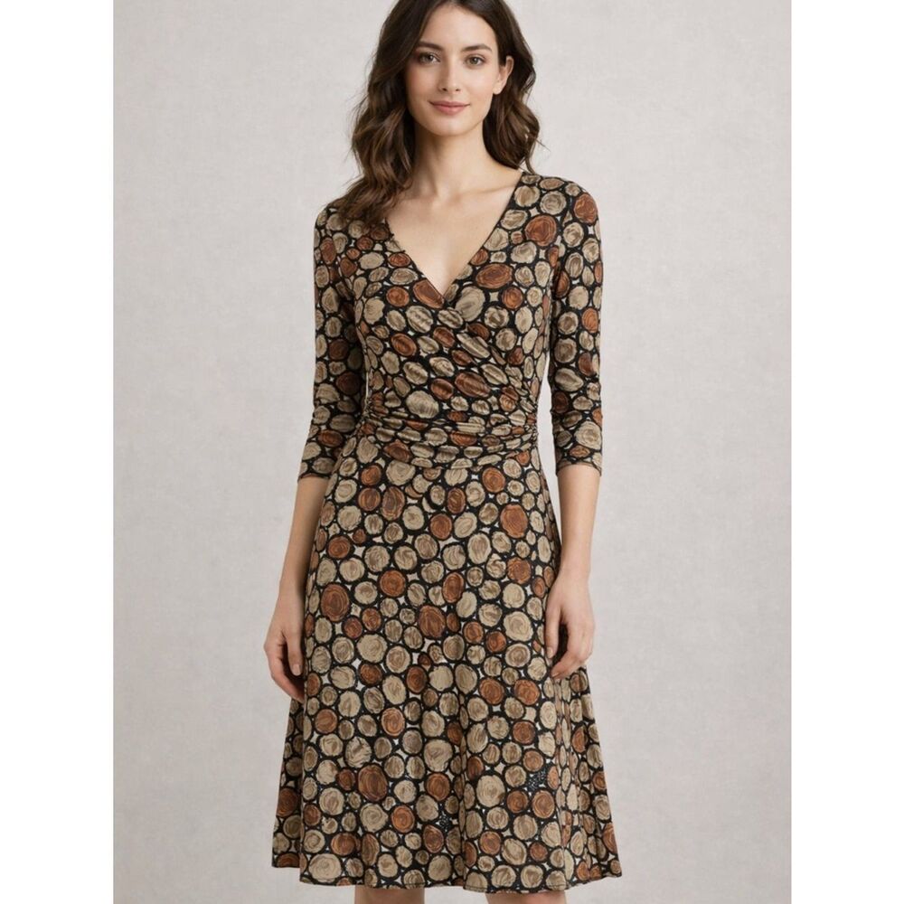 London Times Dress Size 4 Brown Black Print Fit Flare Stretch